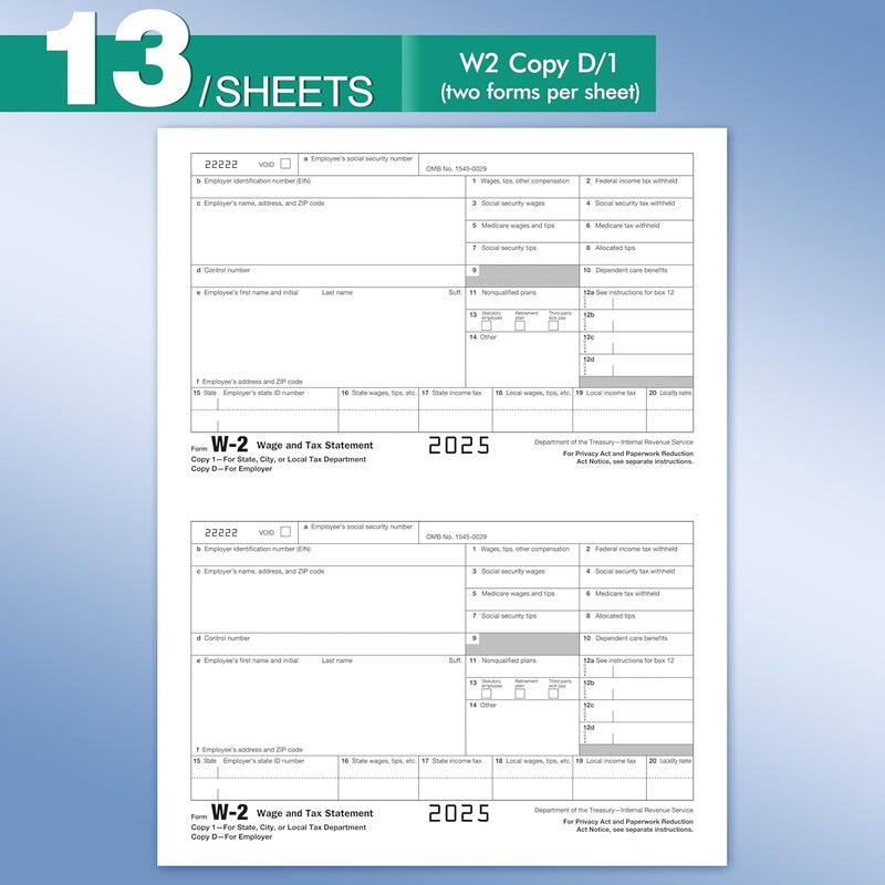 Yeplan W2 Tax Forms 2025 with Envelopes, 4 Part Tax Forms 2025, 25 Employee Kit of Laser Forms with 3 W3, with 25 Self Seal Envelopes - Image 5